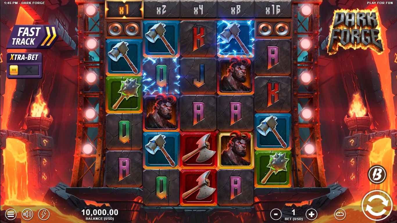 Dark Forge slot gameplay showing symbols on a 4x5x5x5x4 board