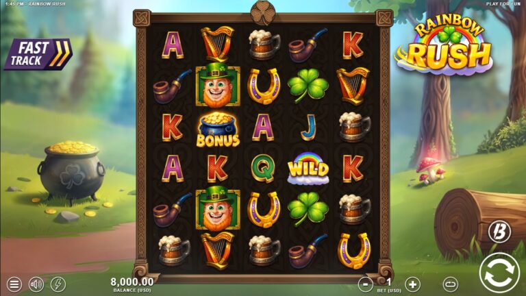 Rainbow Rush slot gameplay showing symbols on a 5x6 board