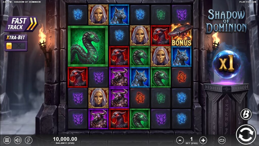 Shadow of Dominion slot gameplay showing symbols on a 6x6 board