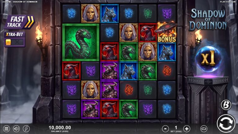Shadow of Dominion slot gameplay showing symbols on a 6x6 board