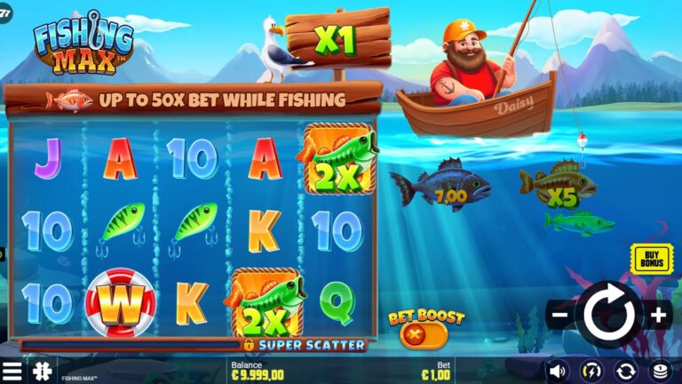 Fishing Max slot gameplay showing symbols on a 5x3 board