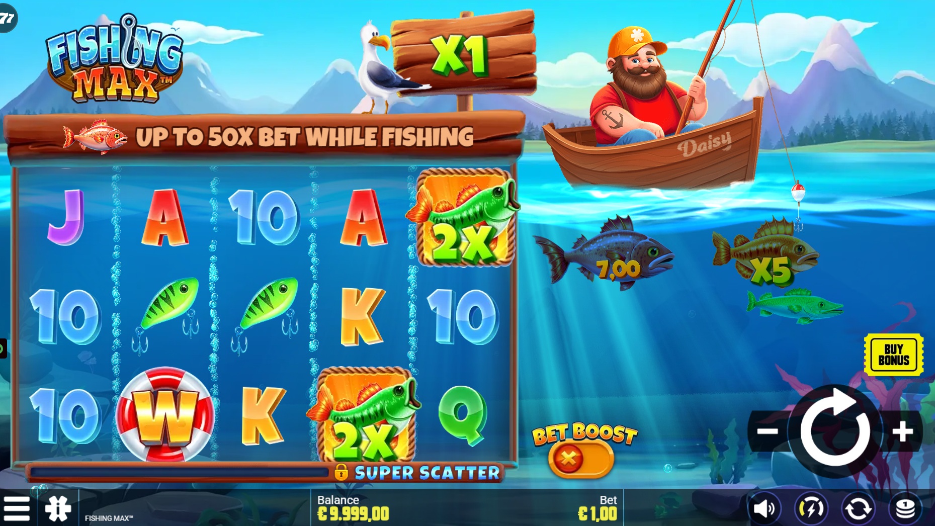 Fishing Max slot gameplay showing symbols on a 5x3 board