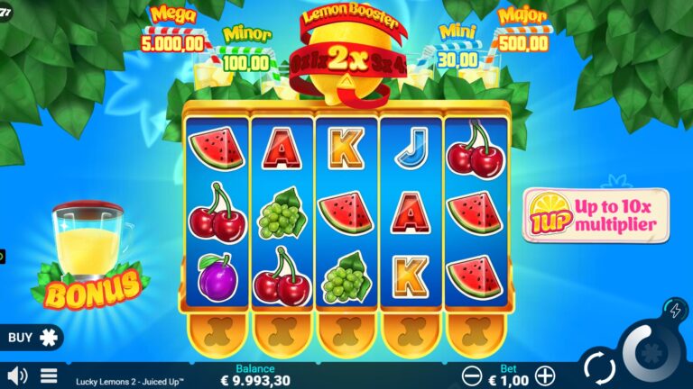 Lucky Lemons 2 - Juiced Up slot gameplay showing symbols on a 5x3 board