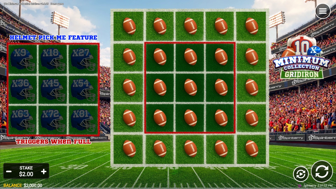 10x Minimum Collection Gridiron slot gameplay showing symbols on a 5x5 board
