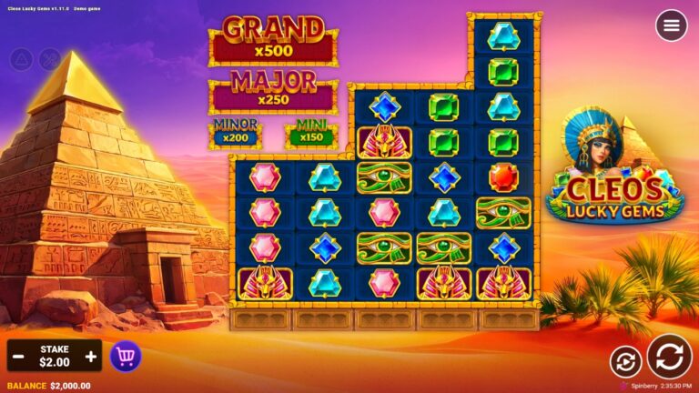 Cleos Lucky Gems slot gameplay showing symbols on a 4x4x6x6x8 board