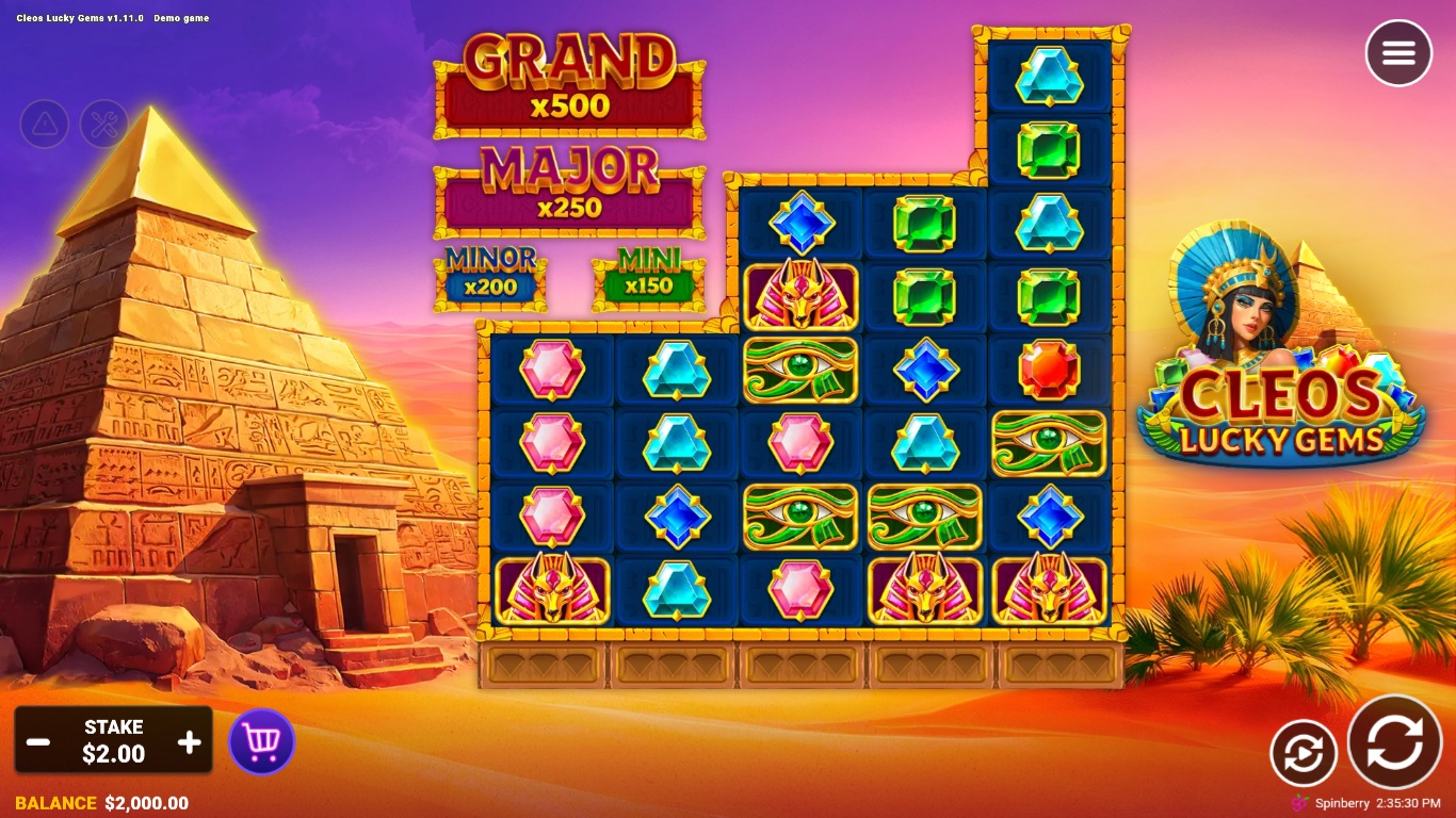 Cleos Lucky Gems slot gameplay showing symbols on a 4x4x6x6x8 board