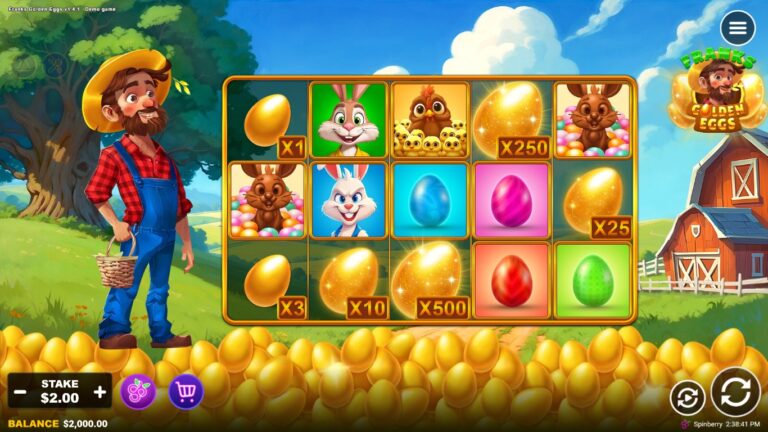 Franks Golden Eggs slot gameplay showing symbols on a 5x3 board