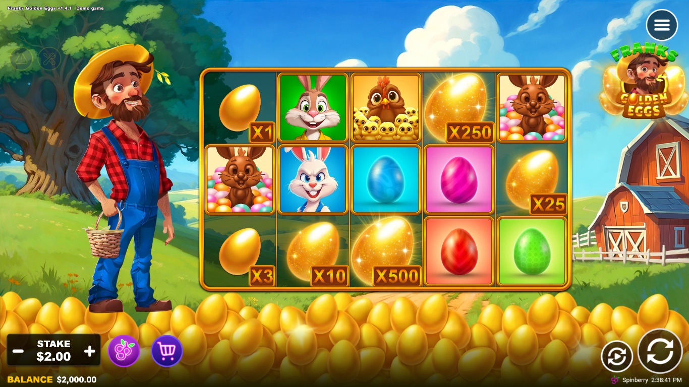 Franks Golden Eggs slot gameplay showing symbols on a 5x3 board
