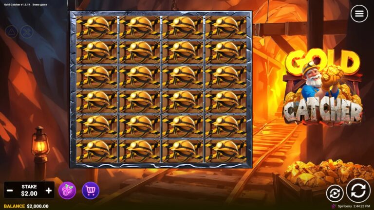 Gold Catcher slot gameplay showing symbols on a 4x6 board