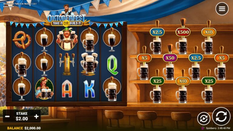 Oktoberfest Take It or Build It slot gameplay showing symbols on a 5x3 board