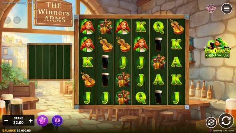 Paddys Shenanigans slot gameplay showing symbols on a 6x5 board