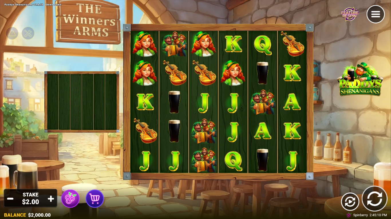Paddys Shenanigans slot gameplay showing symbols on a 6x5 board