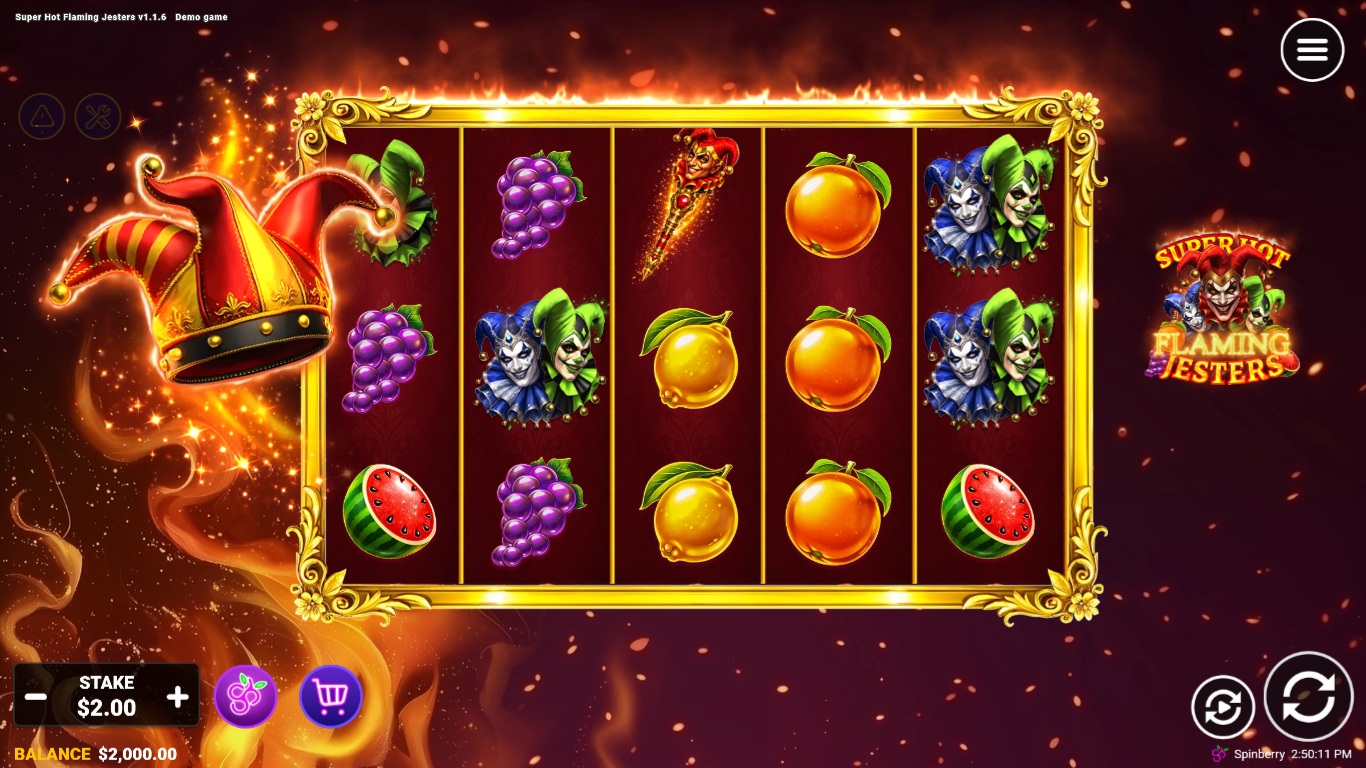 Super Hot Flaming Jesters slot gameplay showing symbols on a 5x3 board