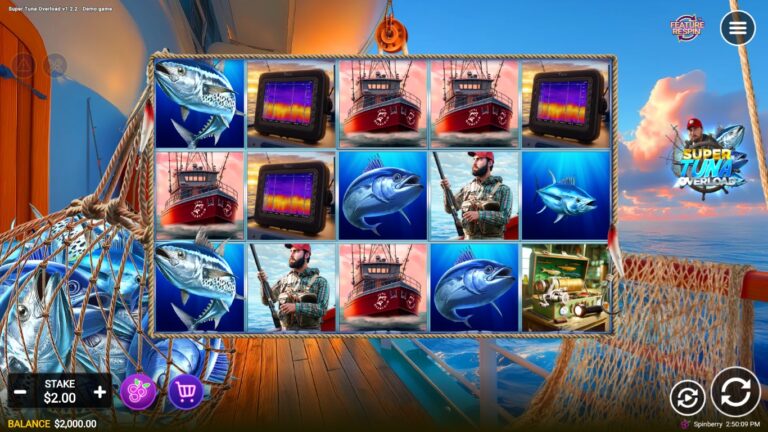 Super Tuna Overload slot gameplay showing symbols on a 5x3 board