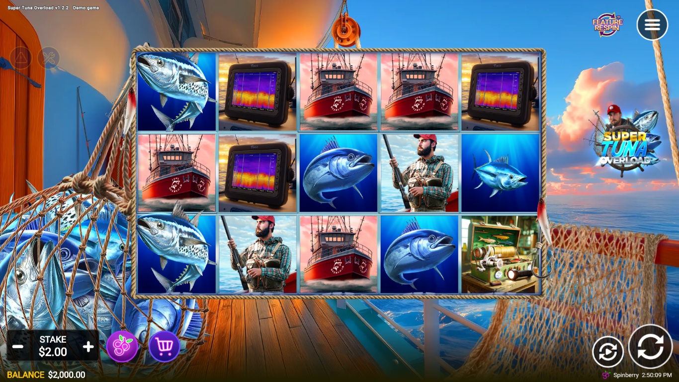 Super Tuna Overload slot gameplay showing symbols on a 5x3 board