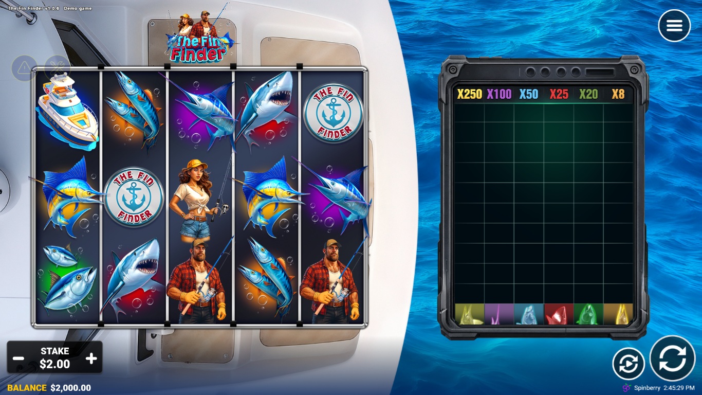 The Fin Finder slot gameplay showing symbols on a 5x3 board