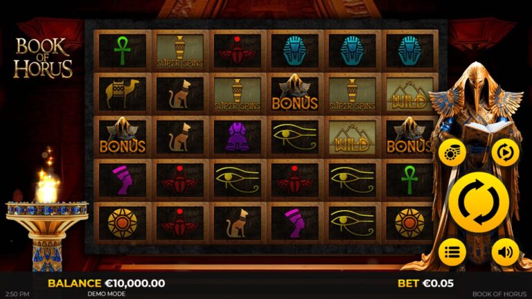 Book of Horus slot gameplay showing symbols on a 6x5 board