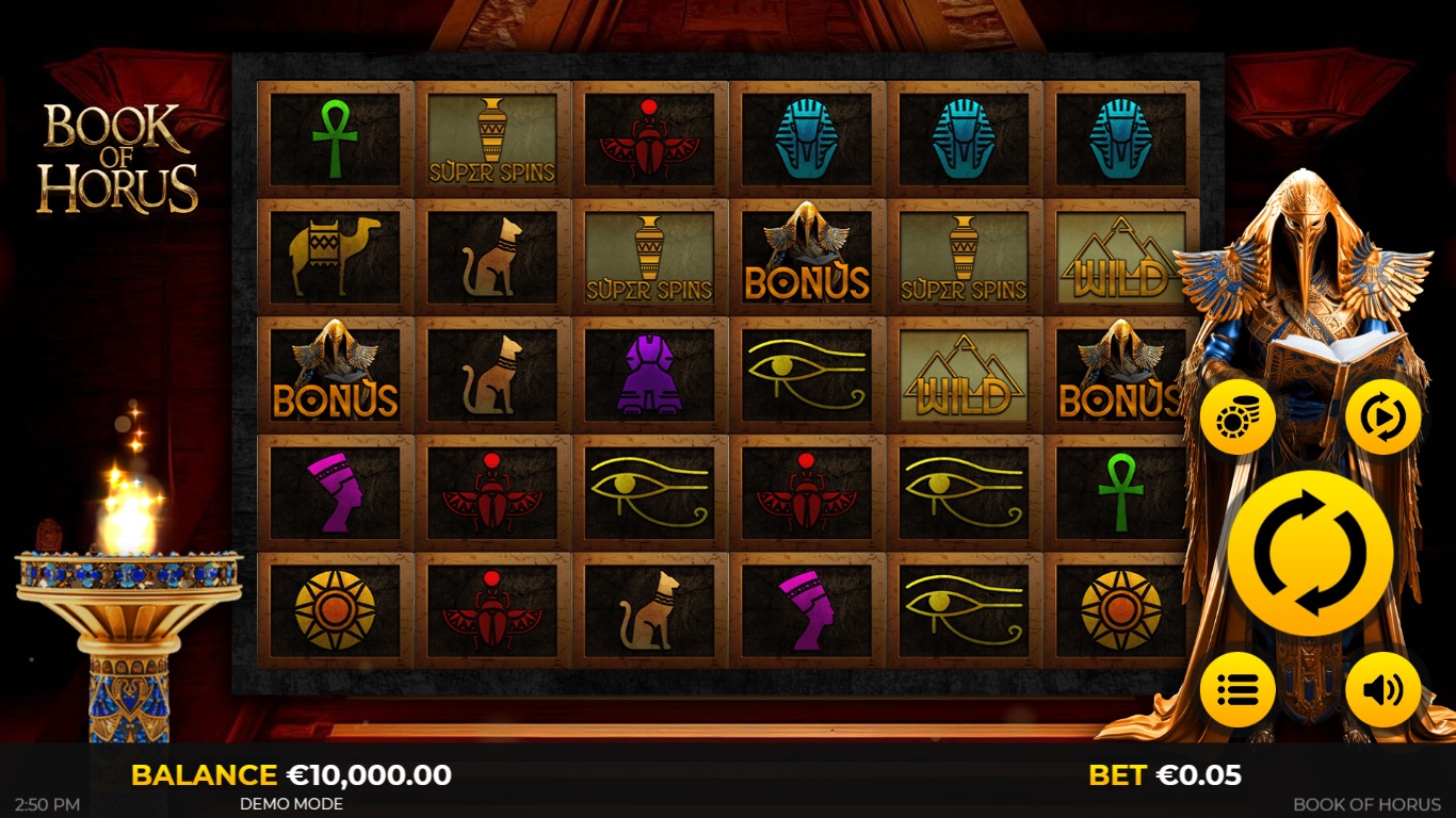 Book of Horus slot gameplay showing symbols on a 6x5 board