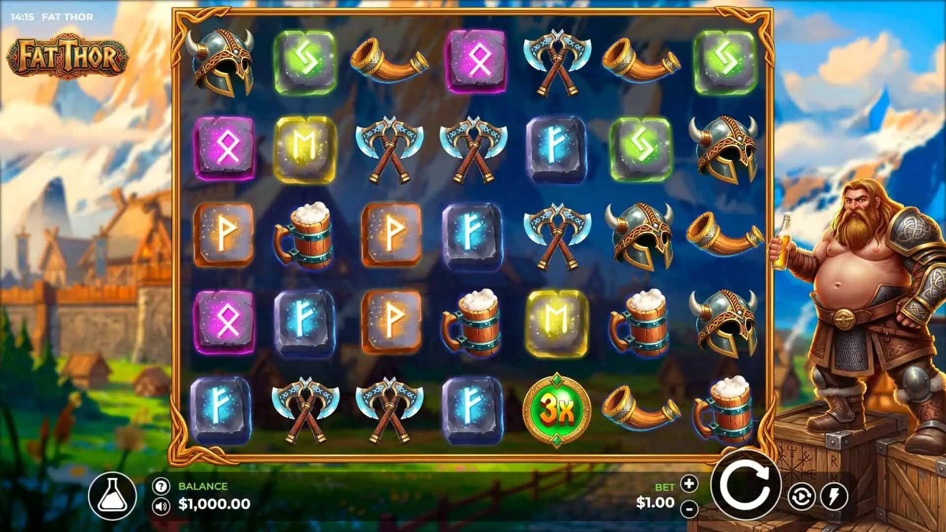 Fat Thor slot gameplay showing symbols on a 7x5 board