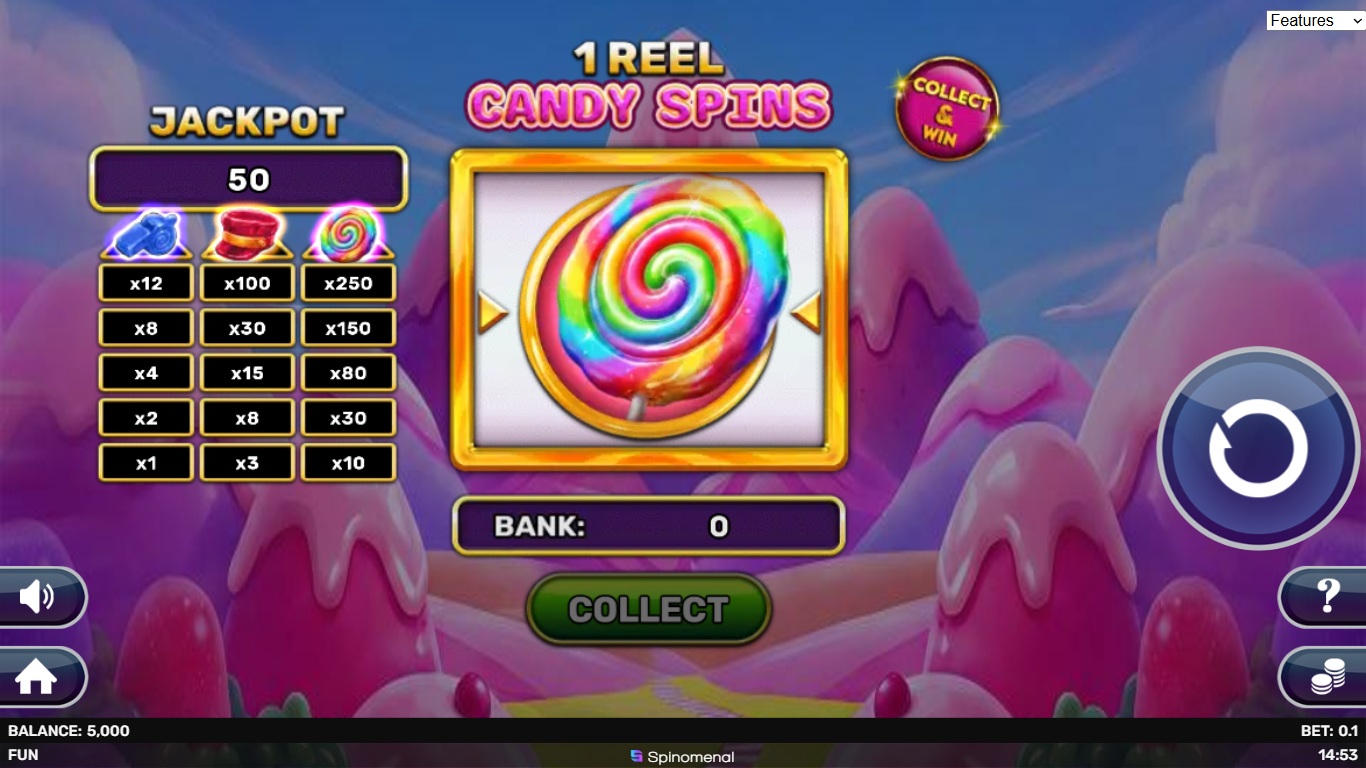 1 Reel - Candy Spins slot gameplay showing symbols on a 1x1 board