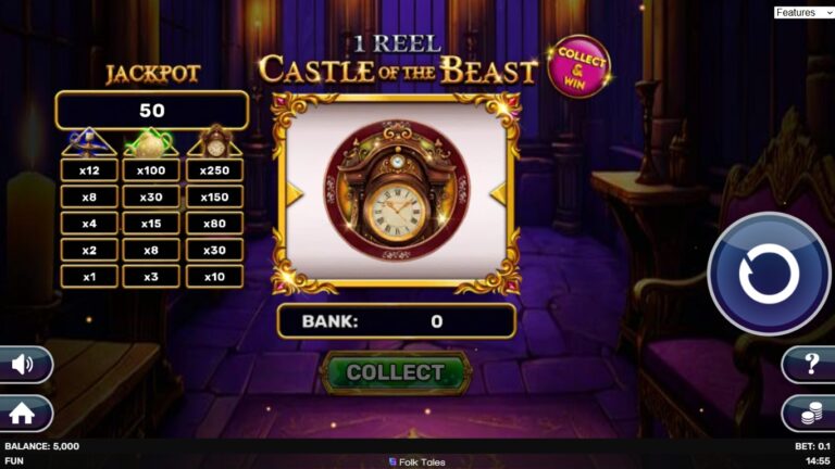1 Reel - Castle of the Beast slot gameplay showing symbols on a 1x1 board