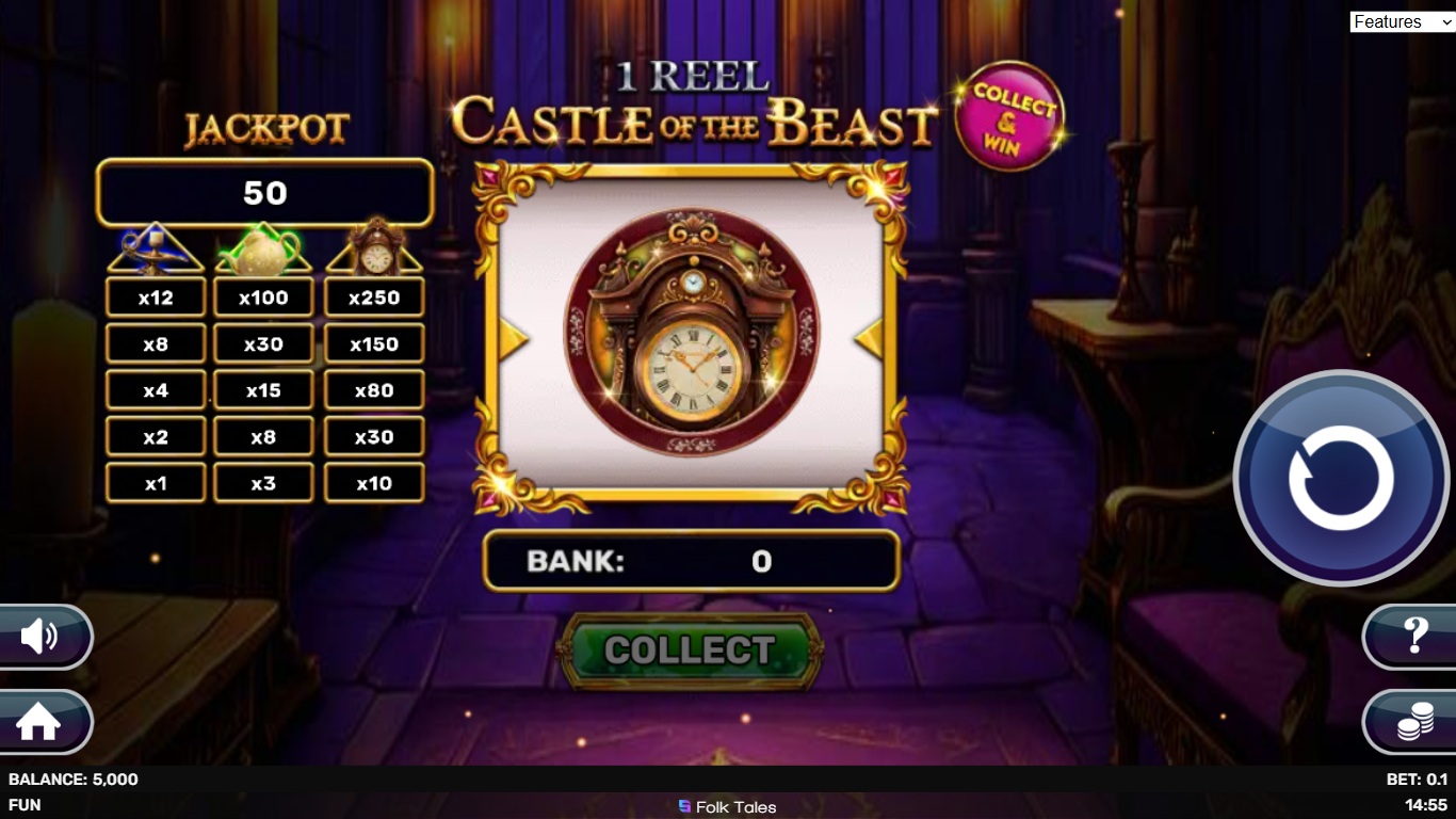 1 Reel - Castle of the Beast slot gameplay showing symbols on a 1x1 board
