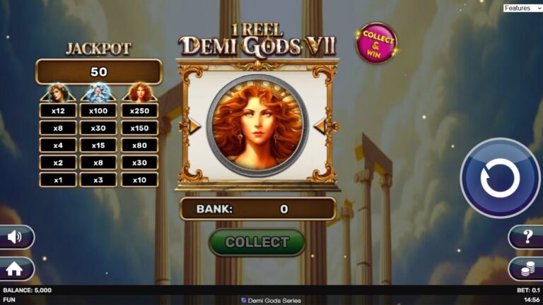 1 Reel - Demi Gods 7 slot gameplay showing symbols on a 1x1 board