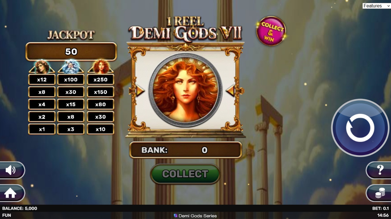 1 Reel - Demi Gods 7 slot gameplay showing symbols on a 1x1 board