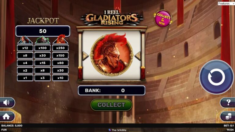 1 Reel - Gladiator's Rising slot gameplay showing symbols on a 1x1 board
