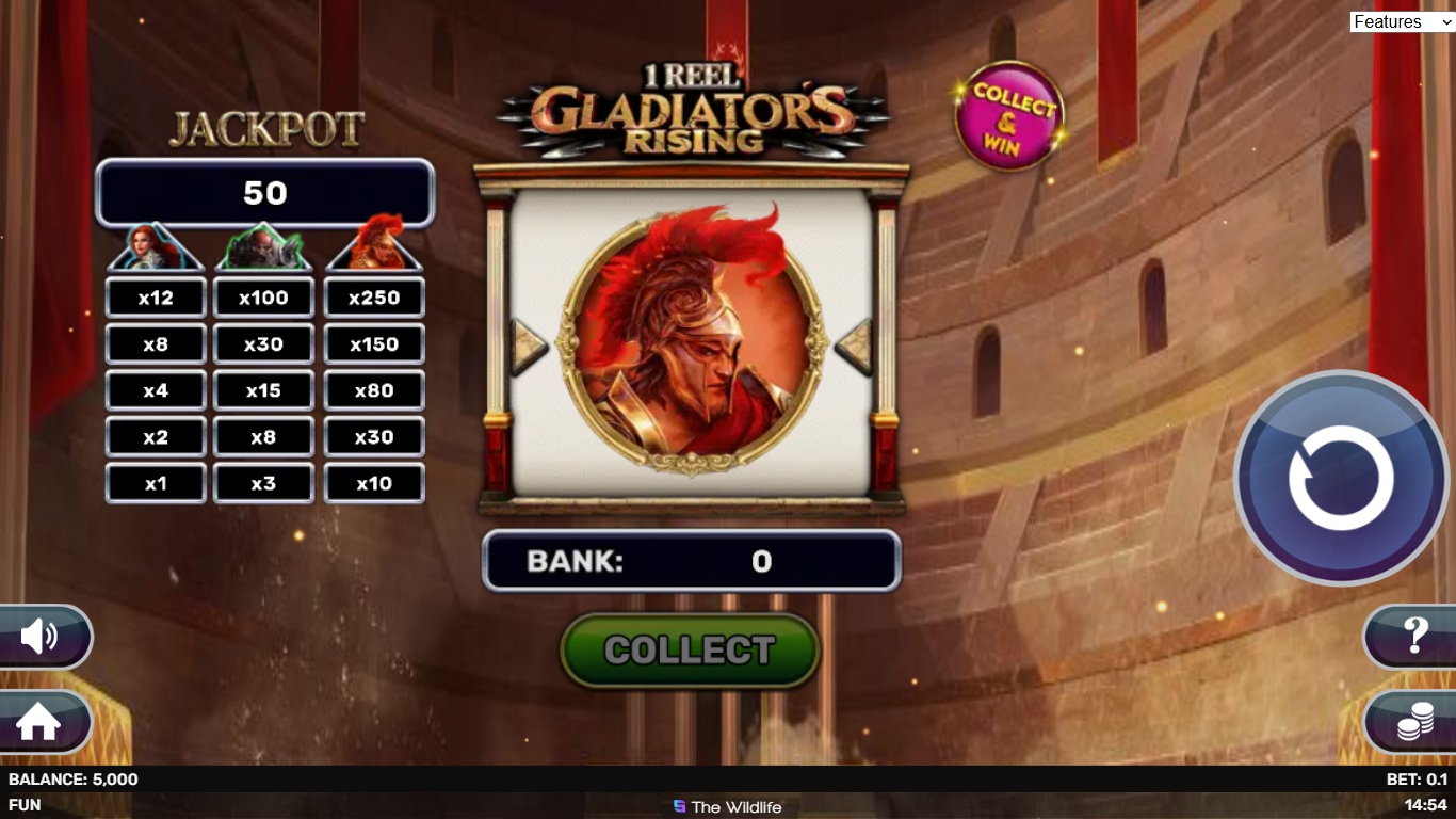 1 Reel - Gladiator's Rising slot gameplay showing symbols on a 1x1 board