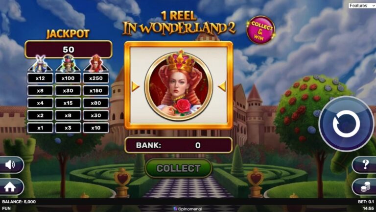1 Reel - In Wonderland 2 slot gameplay showing symbols on a 1x1 board