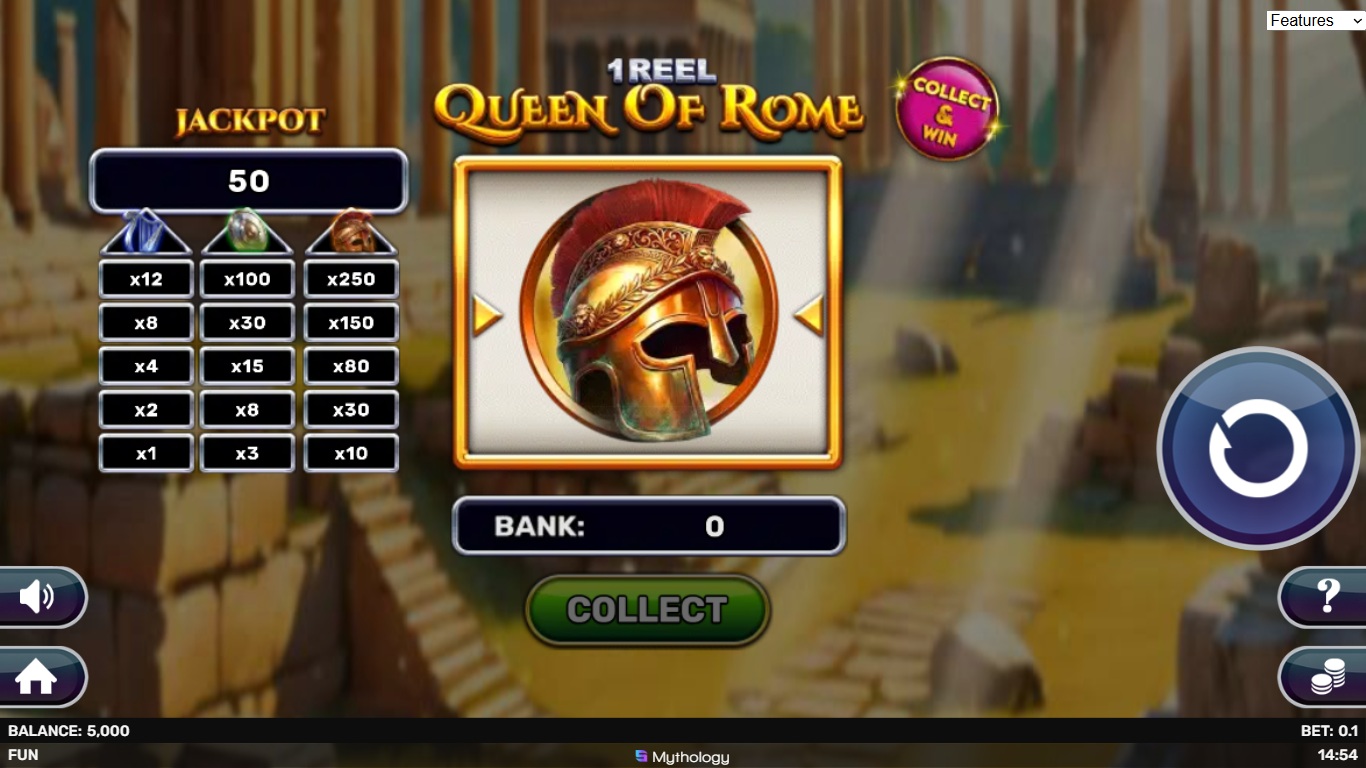 1 Reel - Queen of Rome slot gameplay showing symbols on a 1x1 board