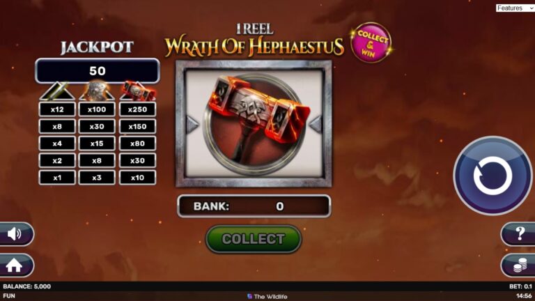 1 Reel - Wrath of Hephaestus slot gameplay showing symbols on a 1x1 board
