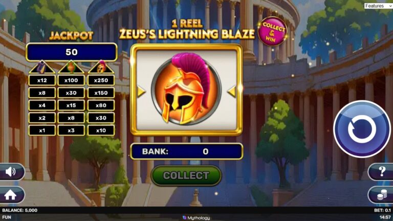 1 Reel - Zeus's Lightning Blaze slot gameplay showing symbols on a 1x1 board