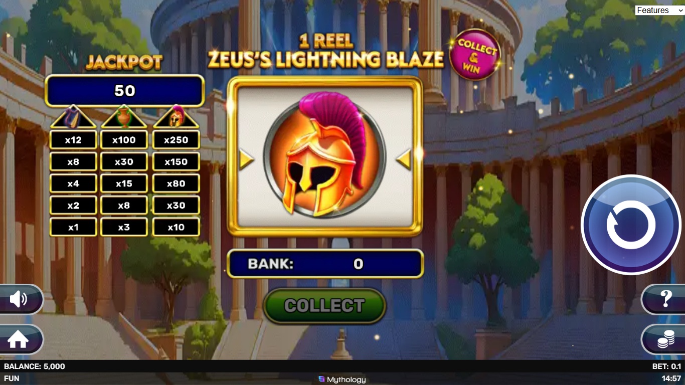 1 Reel - Zeus's Lightning Blaze slot gameplay showing symbols on a 1x1 board