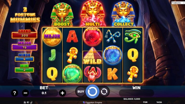 3 Fortune Mummies slot gameplay showing symbols on a 5x3 board