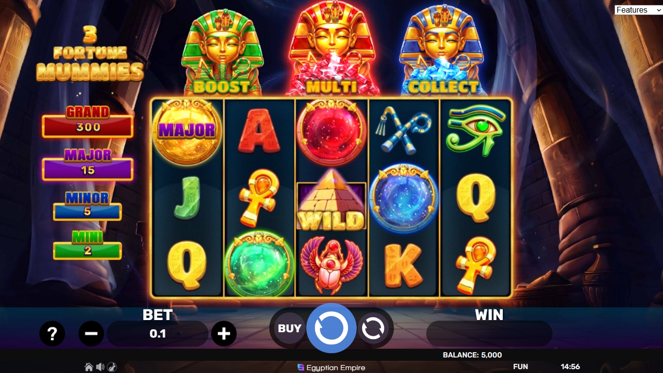 3 Fortune Mummies slot gameplay showing symbols on a 5x3 board