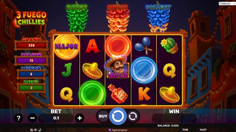 3 Fuego Chillies slot gameplay showing symbols on a 5x3 board