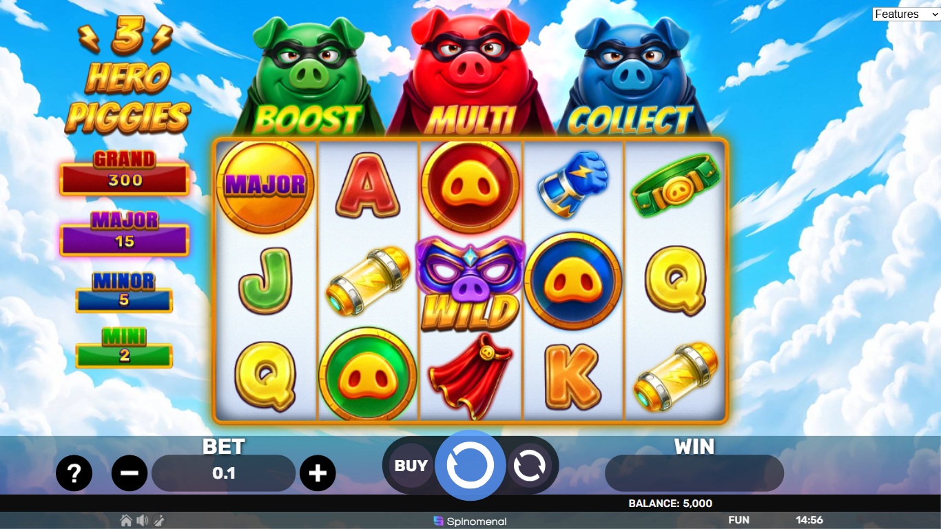 3 Hero Piggies slot gameplay showing symbols on a 5x3 board