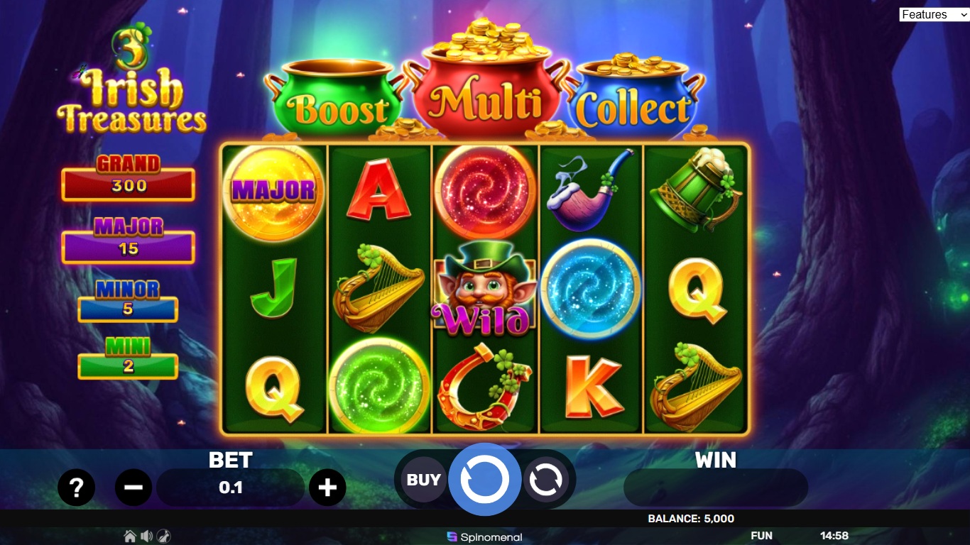 3 Irish Treasures slot gameplay showing symbols on a 5x3 board