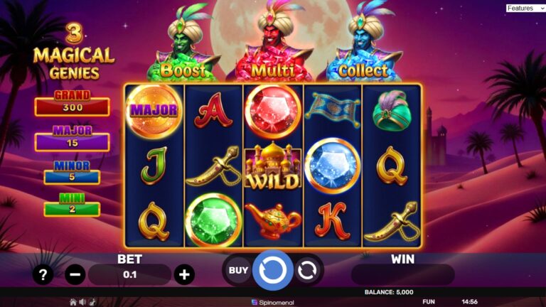 3 Magical Genies slot gameplay showing symbols on a 5x3 board
