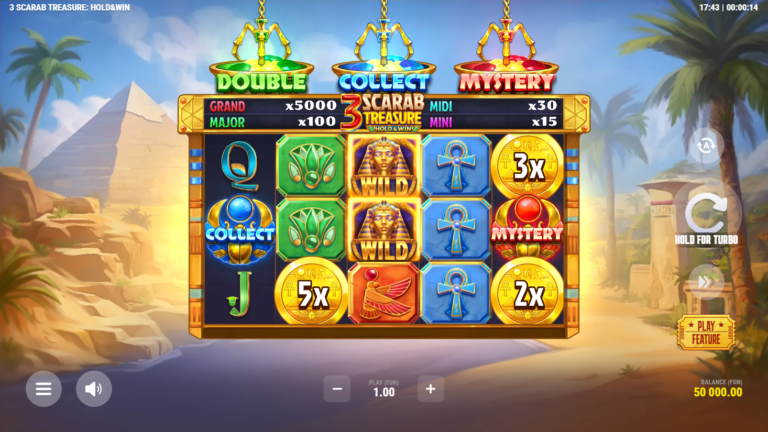 3 Scarab Treasure: Hold & Win full landscape gameplay screen