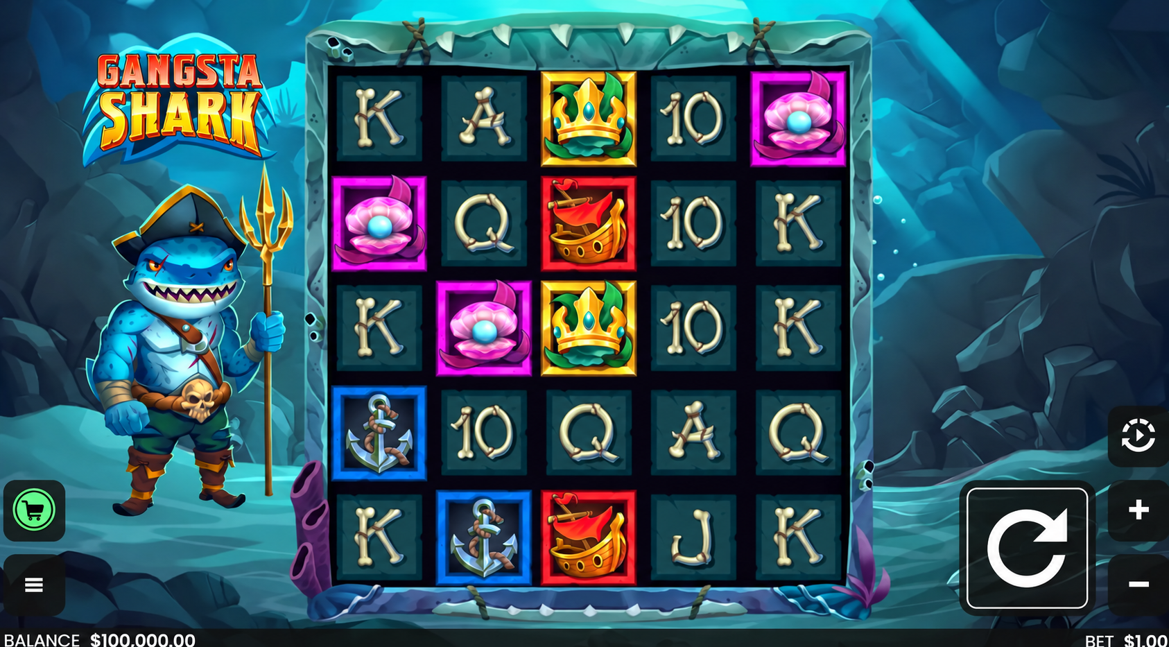 Gangsta Shark slot gameplay showing the shark character and five-reel underwater board