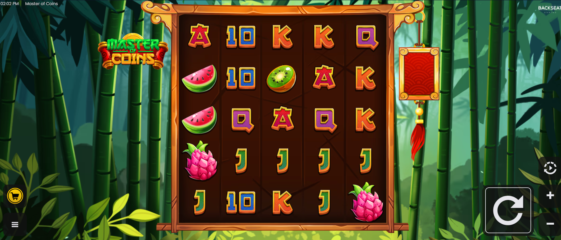 Master of Coins slot gameplay showing the five-reel board and bamboo setting