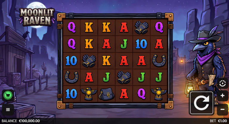Moonlit Raven slot gameplay showing six reels and the raven in a moonlit Western town