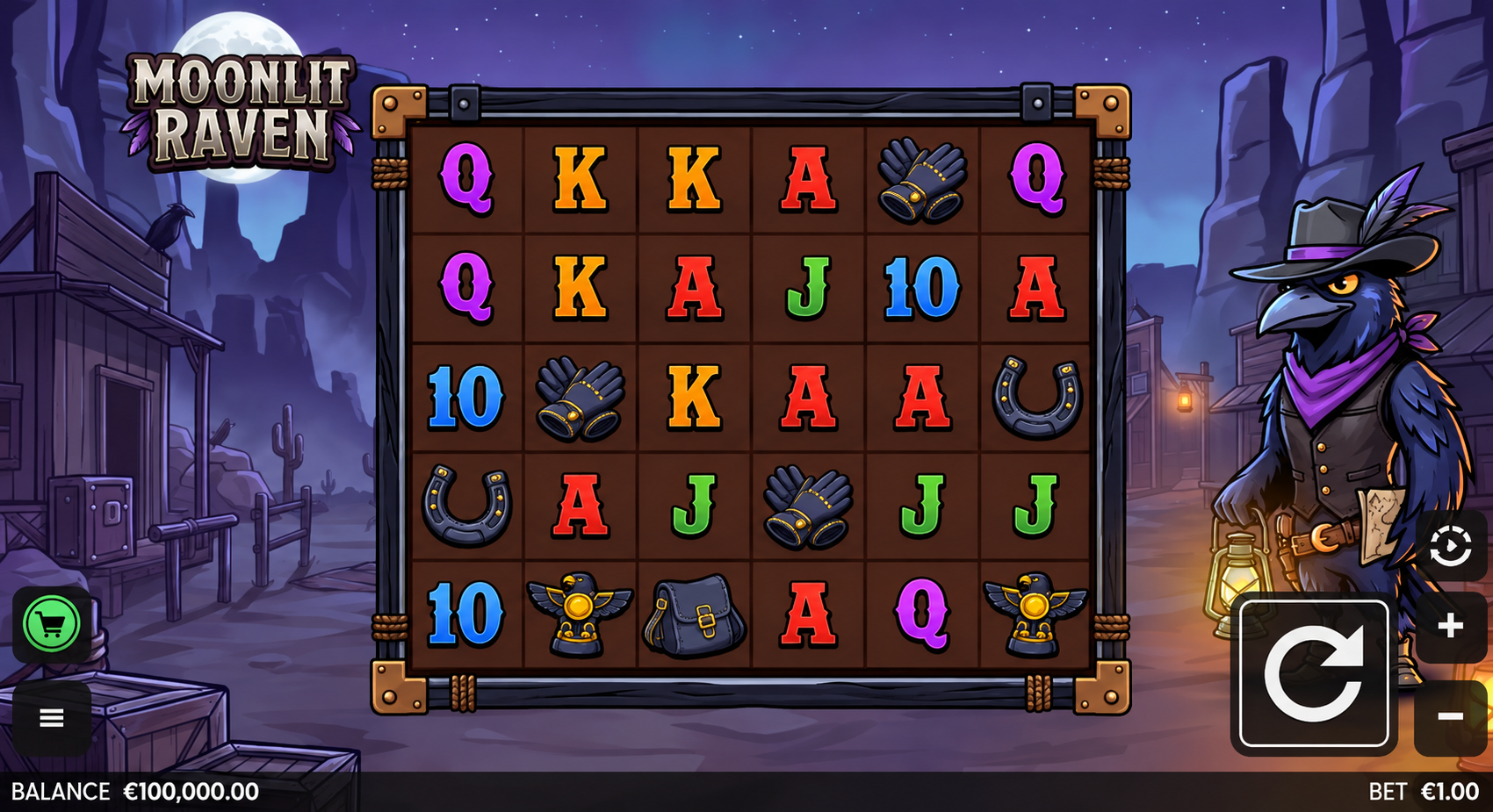 Moonlit Raven slot gameplay showing six reels and the raven in a moonlit Western town