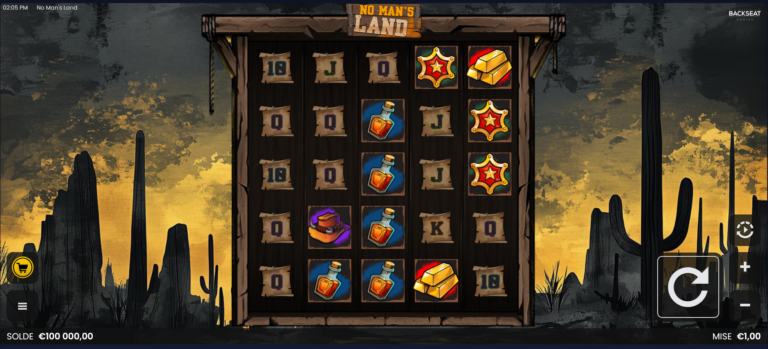 No Man's Land slot gameplay showing five reels in a Western desert setting