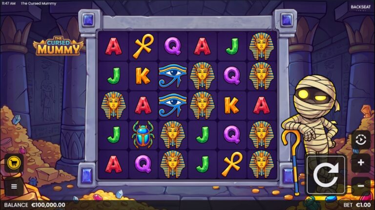 The Cursed Mummy slot gameplay showing the reels and game controls