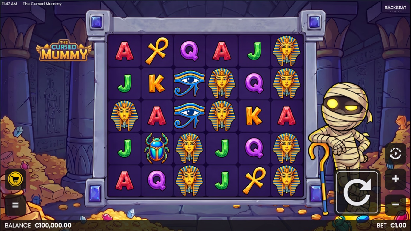 The Cursed Mummy slot gameplay showing the reels and game controls