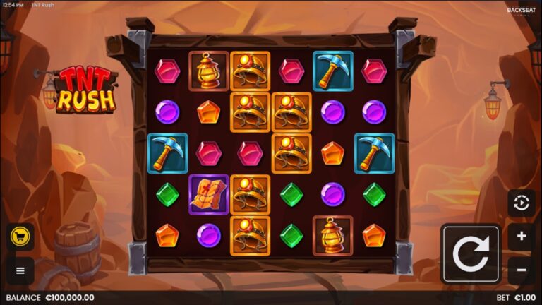TNT Rush slot gameplay showing the reels and game controls